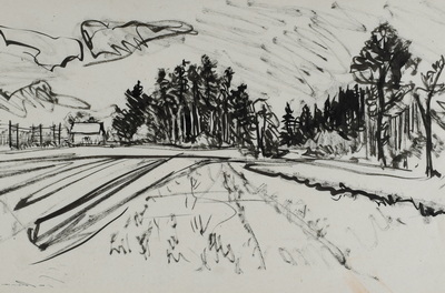 Konrad Sommer, Feld mit Bewaldung, um 1957,  Tusche, Rohrfeder auf Papier, 21,3 x 30,5 cm, Sammlung Michael Gorkow  