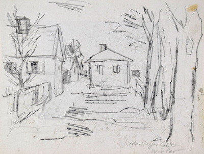 Konrad Sommer:  Nederlinger Gut Winter, um 1958, Bleistift  auf Papier, 18,0 x 23,5 cm, bez. u.r.: Nederlinger Gut Winter