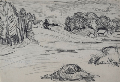 Konrad Sommer:  Inhausen, 5.4.1959, Bleistift  auf Papier, 20,3 x 29,0 cm, bez. Rs.: Inhausen 5.4.1959.