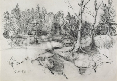Konrad Sommer, Bäume mit Bach, 7.5.1959, Bleistift  auf Papier, 20,3 x 29,1 cm, bez. u.l.: 7.5.59.    