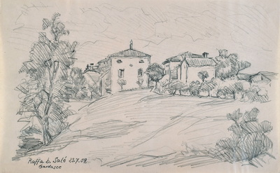 Konrad Sommer, Raffa bei Salo Gardasee,  23.7.1959,  Bleistift auf Papier, 20,0 x 33,0 cm, bez.u.l. Raffa b. Salo 23.7. 59. Gardasee 