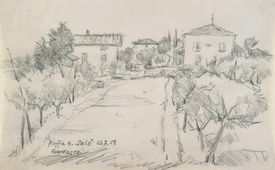 Konrad Sommer: Raffa bei Salo Gardasee, 23.7.1959,  Bleistift auf Papier, 20,1 x 33,0 cm, bez. u.r.: Raffa bei Salo 23.7.59. Gardasee