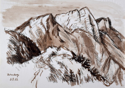 Konrad Sommer, Untersberg,  8.9.1959,  Bleistift, Tusche auf Papier, 20,0 x 33,0 cm, bez.u.l. Untersberg 8.9.59. 