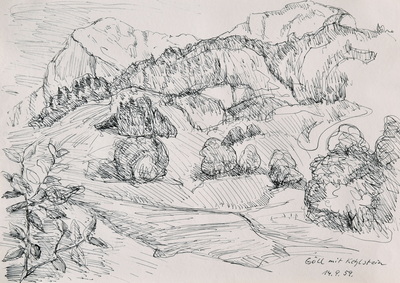 Konrad Sommer: Goell mit Kehlstein, 14.9.1959,  Tusche, Feder  auf Papier, 20,8 x 29,7 cm, bez. u.r.: Göll mit Kehlstein 14.9.59.