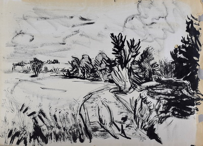 Konrad Sommer: Amper, 2.10.1959,  Tusche auf Papier, 29,7 x 42,0 cm, bez., Rs. u.r.: Amper 2.10.59.