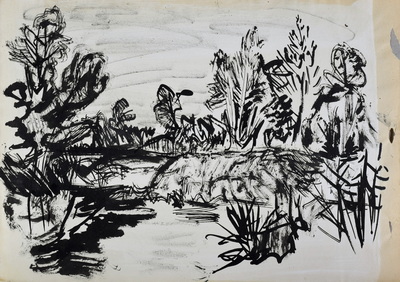 Konrad Sommer, Bäume am Wasser, 2.10.1959, Tusche, Rohrfeder  auf Papier, 29,7 x 42,0 cm, bez. Rs.: Bäume am Wasser 2.10.59.    