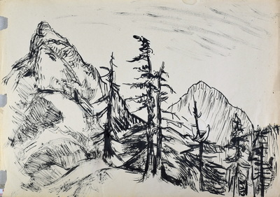 Konrad Sommer, Rabenkopf, Jochberg,  4.10.1959,  Tusche, Rohrfeder auf Papier, 29,7 x 42,0 cm, bez. Rs.: Rabenkopf Jochberg 4.10.59. 