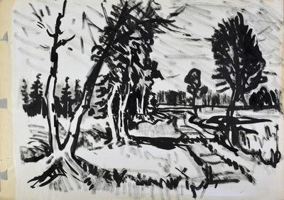 Konrad Sommer: Mooslandschaft, Oktober 1959,  Tusche, Rohrfeder auf Papier, 29,7 x 42,0 cm, bez., Rs. u.r.: Oktober 59.