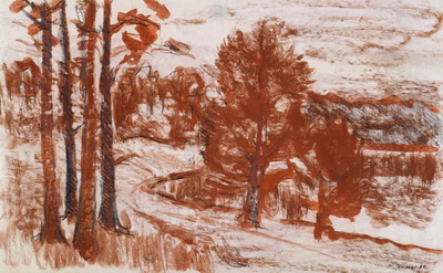 Konrad Sommer: Weg an einem Gewässer, 1960,  Rötel, Sepia, Kohle auf Papier, 20,0 x 32,8 cm, bez.u.r.: K. Sommer 60.