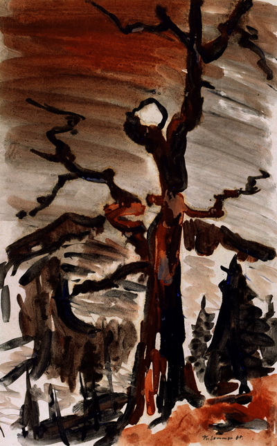 Konrad Sommer: Baum mit Mond, 1960, Sepia, Tusche auf Papier, 32,8 x 20,2 cm, bez.u.r.: K. Sommer 60.