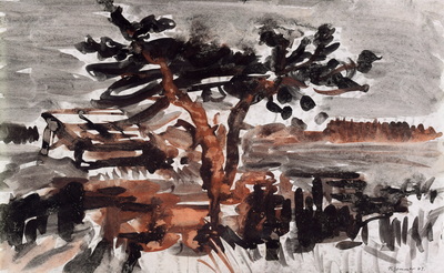 Konrad Sommer: Torfhütte und Baum im Dachauer Moos, 1960, Sepia, Tusche, Bleistift auf Papier, 20,1 x 32,9 cm, bez.u.r. K. Sommer 61.