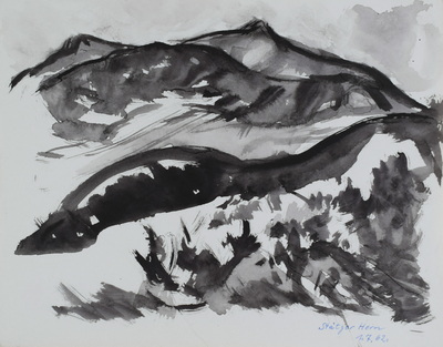 Konrad Sommer:  Stätzer Horn, 22.9.1962, Tusche,  Kugelschreiber auf Papier, 18,6 x 23,5 cm, bez.u.r.: Stätzer Horn 1.7.62., Sammlung Michael Gorkow