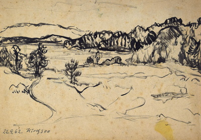 Konrad Sommer:  Kirchsee, 22.9.1962, Tusche, Rohrfeder, Bleistift auf Papier, 19,0 x 27,1 cm, bez.u.l.: 22.9.62, Kirchsee