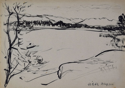 Konrad Sommer: Kirchsee, 22.9.1962, Tusche, Rohrfeder, Bleistift auf Papier, 20,2 x 28,4 cm, bez.u.r.: 22.9.62. Kirchsee