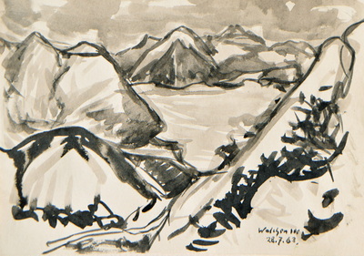 Konrad Sommer:  Walchensee, 28.7.1963, Tusche auf Papier, 20,6 x 29,8 cm, bez.u.r.: Walchensee 28.7.63.