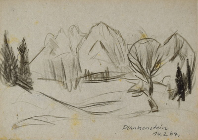 Konrad Sommer: Plankenstein, 14.2.1964, Kohle, Bleistift auf Papier, 17,3 x 24,0 cm, bez.u.r.: Plankenstein 14.2.64.