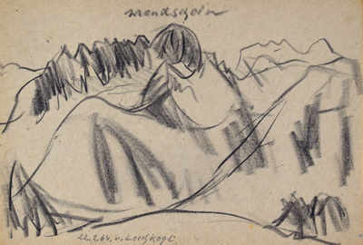 Konrad Sommer: Lechkogl, 22.2.1964, Kohle, Bleistift auf Papier, 17,0 x 25,0 cm, bez.u.m. 22.2.64. Lerchkogl