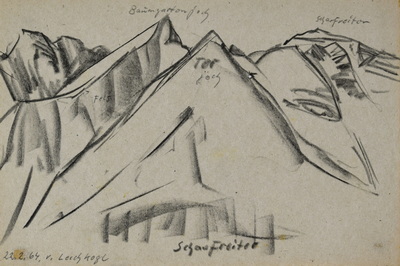 Konrad Sommer:  Blick vom Lerchkogl auf den Scharfreiter, 22.2.1964, Kohle, Bleistift auf Papier, 17,0 x 25,0 cm, bez.u.l.: 22.2.64.v.Lerchkogl Scharfreiter