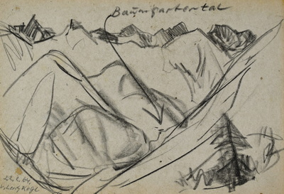 Konrad Sommer:  Blick vom Lerchkogl ins Baumgartental, 22.2.1964, Kohle, Bleistift auf Papier, 17,1 x 24,9 cm, bez.o.: Baumgartental, u.l.: 22.2.64 v. Lerchkogl