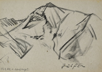 Konrad Sommer: Blick vom Lerchkogl auf den Juifen , 22.2.1964, Kohle, Bleistift auf Papier, 17,2 x 24,3 cm, bez.u.l: 22.2.64. v. Lerchkogl u.r.: Juifen