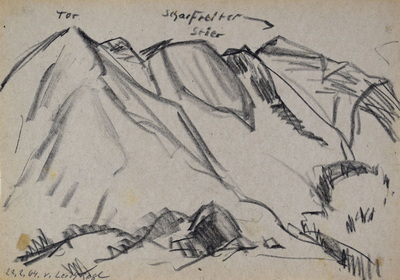 Konrad Sommer: Blick vom Lerchkogl auf den Scharfreiter, 22.2.1964, Kohle, Bleistift auf Papier, 17,2 x 24,4 cm, bez.u.l.:  22.2.64. v. Lerchkogl