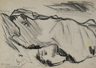 Konrad Sommer:  Blick vom Lerchkogl auf das Stierjoch und den Scharfreiter, 22.2.1964, Kohle, Bleistift auf Papier, 17,2 x 24,4 cm, bez.u.l.: 22.2.64. v. Lerchkogl