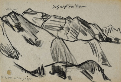 Konrad Sommer:  Blick vom Lerchkogl auf das Stierjoch und den Scharfreiter, 22.2.1964, Kohle, Bleistift auf Papier, 17,2 x 25,0 cm, bez.o.: Scharfreiter, bez.u.l.: 22.2.64. v. Lerchkogl