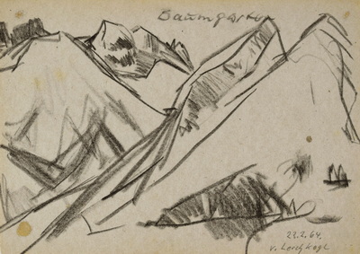 Konrad Sommer: Blick vom Lerchkogl ins Baumgartental, 22.2.1964, Kohle, Bleistift auf Papier, 17,3 x 24,1 cm, bez.o.: Baumgartental, u.r.: 22.2.64 v. Lerchkogl