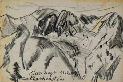 Konrad Sommer:  Risserkogl, Plankenstein, 22.2.1964, Kohle, Bleistift auf Papier, 17,3 x 25,7 cm, bez.u.m.: Risserkogl 22.2.64. Plankenstein