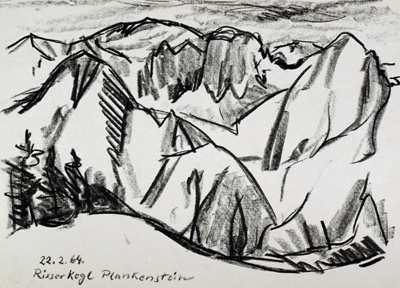 Konrad Sommer, Risserkogl, Plankenstein, 22.2.1964, Kohle, Bleistift auf Papier,21,4 x 30,2 cm, bez.u.l.: Risserkogl  Plankenstein 22.2.64. 