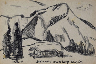 Konrad Sommer:  Bodenalm, Wallberg, 23.2.1964, Kohle auf Papier, 17,2 x 25,9 cm, bez.u.m: Bodenalm Wallberg, 23.2.64.