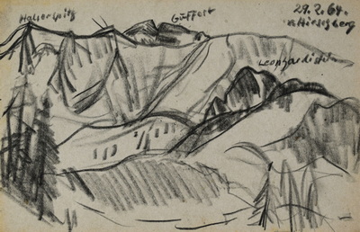 Konrad Sommer: Blick vom Hirschberg, 29.2.1964, Kohle auf Papier, 17,2 x 25,9 cm, bez.o.r.: 29.2.64. v. Hirschberg