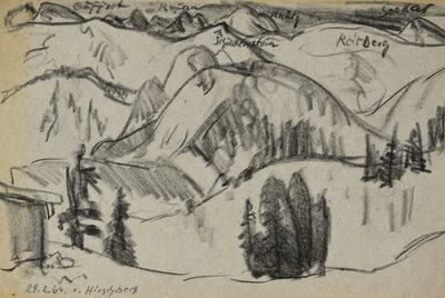 Konrad Sommer:  Blick vom Hirschberg, 29.2.1964, Kohle, Bleistift auf Papier, 17,2 x 26,0 cm, bez.u.l.: 29.2.64. v. Hirschberg