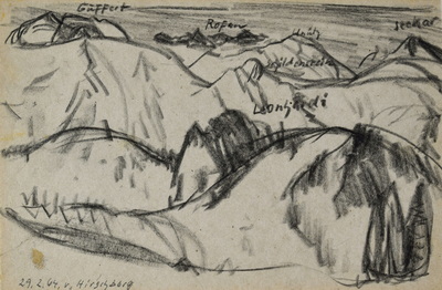 Konrad Sommer,  Blick vom Hirschberg, 29.2.1964, Kohle, Bleistift auf Papier, 17,2 x 26,0 cm, bez.u.l.: 29.2.64. v. Hirschberg 