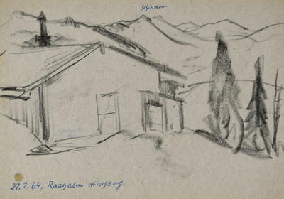 Konrad Sommer:  Rauhalm Hirschberg, 29.2.1964, Kohle, Kugelschreiber auf Papier, 17,3 x 24,6 cm, bez.u.l.: 29.2.64. Rauhalm Hirschberg 