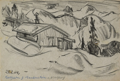 Konrad Sommer:  Rauhalm gegen Plankenstein vom Hirschberg, 29.2.1964, Kohle, Kugelschreiber auf Papier, 17,3 x 25,5 cm, bez.u.l.: 29.2.64. Rauhalm g. Plankenstein v. Hirschberg 