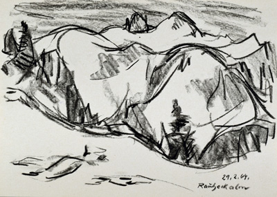 Konrad Sommer, Raueckalm, 29.2.1964, Kohle auf Papier, 21,3 x 30,3 cm, bez.u.r.: 29.2.64. Raueckalm 