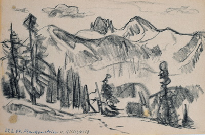 Konrad Sommer:  Plankenstein vom Hirschberg, 29.2.1964, Kohle, Bleistift, Kugelschreiber auf Papier, 17,3 x 25,5 cm, bez.u.l.: 29.2.64.  Plankenstein v. Hirschberg