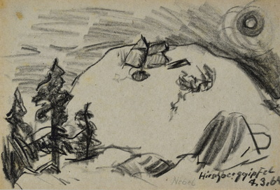 Konrad Sommer:  Hirschberggipfel, 4.3.1964, Kohle, Bleistift auf Papier, 17,1 x 25,4 cm, bez.u.r.: Hirschberggipfel 4.3.64.