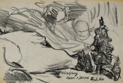 Konrad Sommer:  Hirschberg, Nebel, Sonne, 7.3.1964, Kohle auf Papier; bez. u.r.: Hirschberg Nebel Sonne 7.3.64 
