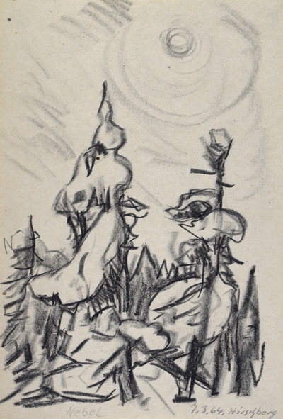 Konrad Sommer: Tannen mit Schnee auf dem Hirschberg, 7.3.1964, Kohle, Bleistift auf Papier, 25,5 x 17,2 cm, bez. u.r.: 7.3.64. Hirschberg