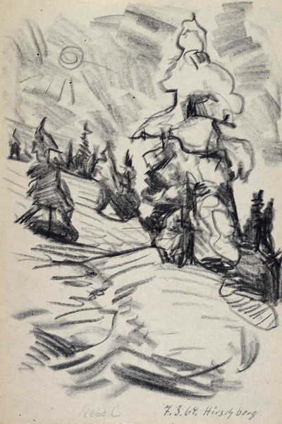 Konrad Sommer: Schneebedeckte Tannen und Nebel auf dem Hirschberg, 3.7.1964,  Kohle, Bleistift auf Papier, 25,7 x 17,0 cm, bez.u.r.: Nebel 7.3.64. Hirschberg