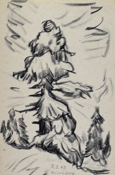 Konrad Sommer, Schneebedeckte Tannen und Nebel auf dem Hirschberg, 3.7.1964,  Kohle, Bleistift auf Papier, 25,9 x 17,2 cm, bez.u.r.: Nebel 7.3.64. Hirschberg 