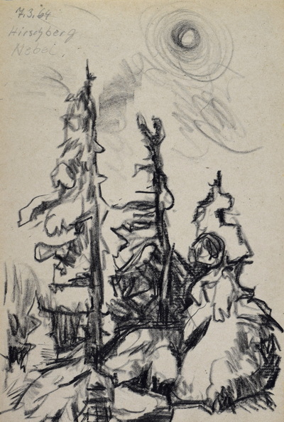 Konrad Sommer:  Tannen, Nebel auf dem Hirschberg, 7.3.1964, Kohle, Bleistift auf Papier, 26,0 x 17,2 cm, bez.o.l.: 7.3.64  Hirschberg Nebel