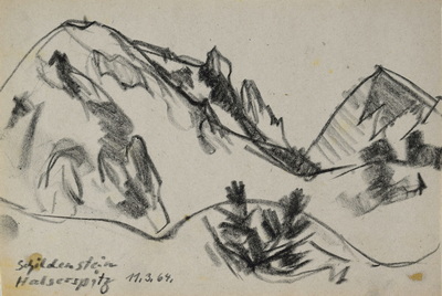 Konrad Sommer:  Schildenstein, Halserspitz, 11.3.1964, Kohle, Bleistift auf Papier; bez. u.l.: Schildenstein Halserspitz 11.3.64.   