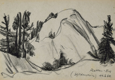 Konrad Sommer: Platteneck, Schildenstein, 11.3.1964, Kohle, Bleistift auf Papier, 17,2 x 24,8 cm, bez. u.r.: Platten-Eck (Schildenstein) 11.3.64.