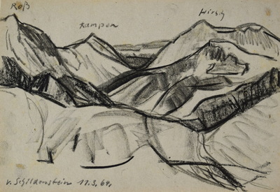 Konrad Sommer:  Blick vom Schildenstein, 11.3.1964, Kohle, Bleistift  auf Papier, 17,2 x 25,0 cm, bez.u.l.: v. Schildenstein 11.3.64.