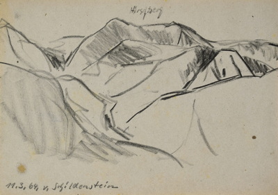 Konrad Sommer:  Blick vom Schildenstein, 11.3.1964, Kohle, Bleistift auf Papier, 17,3 x 24,5 cm, bez.u.l.: 11.3.64. v. Schildenstein
