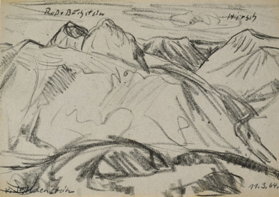 Konrad Sommer: Blick vom Schildenstein, 11.3.1964, Kohle, Bleistift auf Papier; bez. u.l.:  v. Schildenstein u.r.: 11.3.64.  