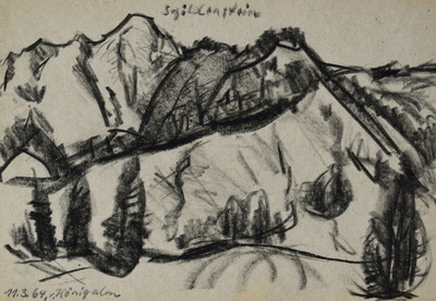 Konrad Sommer, Königalm, 11.3.1964, Kohle, Bleistift auf Papier, 17,3 x 25,3 cm, bez.u.l.:  11.3.64. Königalm